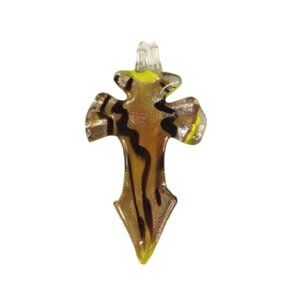 Glass Cross Pendant Greenish-Yellow Gold Copper Brown Large Excellent Condition